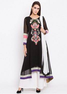 Black Asymmetrical Georgette Flared Palazzo Suit