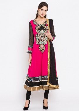 Pink Resham Embroidered Georgette Flared Suit