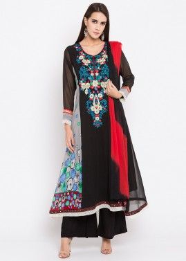 Black Asymmetrical Embroidered Georgette Palazzo Suit