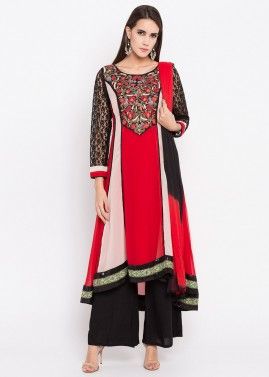 Red Embroidered Asymmetrical Georgette Palazzo Suit