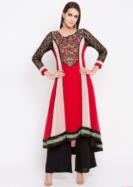 Red Embroidered Asymmetrical Flared Kurta