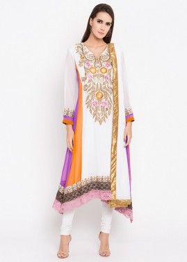 Off-White Colour Blocked Embroidered Georgette Suit