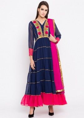 Navy Blue Tiered Georgette Suit With Embroidery