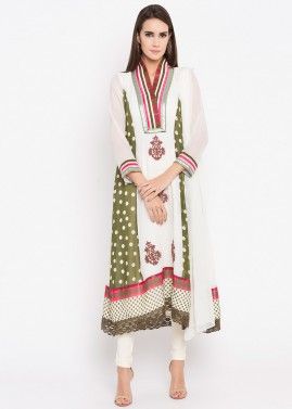 Off-White Printed Flared Georgette Suit With Dupatta
