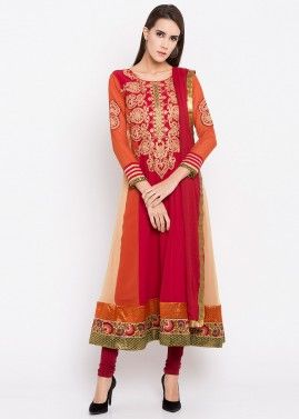 Rust Red Zari Embroidered Georgette Suit With Dupatta
