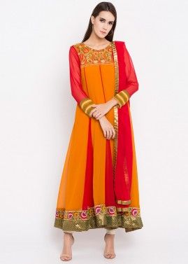 Yellow & Red Embroidered Empire Line Georgette Suit