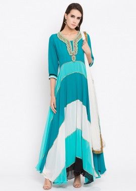Teal Blue Embroidered Georgette Suit With Dupatta