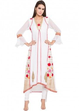 Readymade White Embroidered Georgette Long Kurta