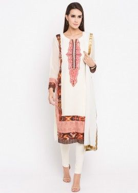 Off-White Embroidered Straight Cut Georgette Suit