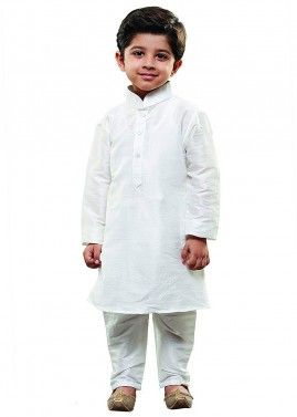 Readymade White Dupion Silk Kids Kurta Pajama