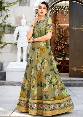 Green Floral Digital Print Readymade Gown