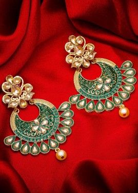 Meenakari Stone Studded Golden Green Chandbali Earrings
