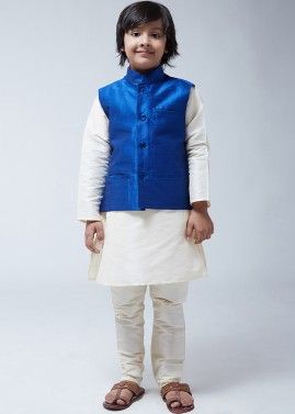 White Kids Kurta Churidar Set With Nehru Jacket
