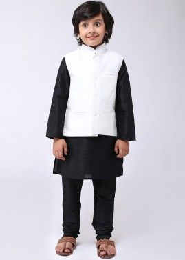 Black Kids Kurta Churidar With Nehru Jacket