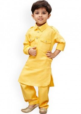 Yellow Dupion Silk Readymade Kids Kurta Pajama
