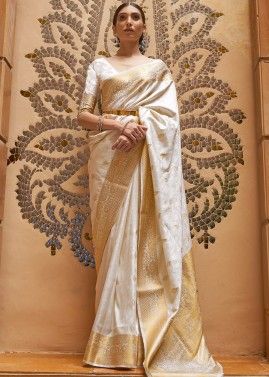 Cream Woven Art Silk Saree With Blouse