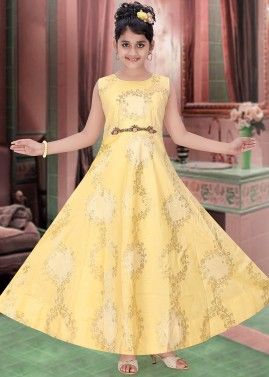 Yellow Brocade Woven Kids Flared Gown