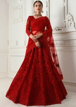 Red Net Embroidered Bridal Lehenga Choli