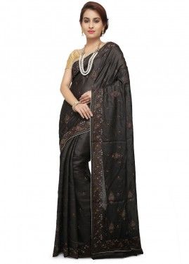 Pure Silk Embroidered Saree In Black