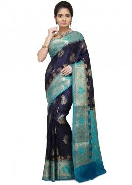 Navy Blue Pure Banarasi Silk Woven Saree