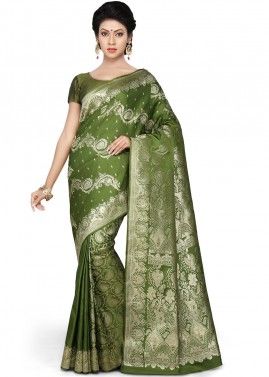 Green Pure Banarasi Silk Saree With Blouse