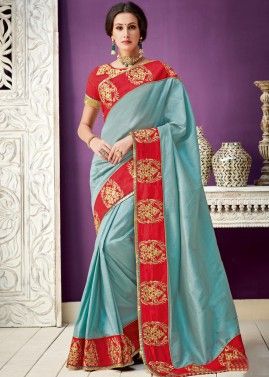Pastel Blue Saree With Embroidered Border