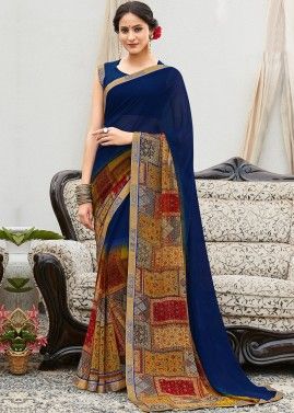 Navy Blue Printed Georgette Saree With Blouse