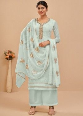 Blue Thread Embroidered Georgette Palazzo Suit