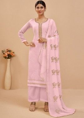 Pink Thread Embroidered Palazzo Suit Set