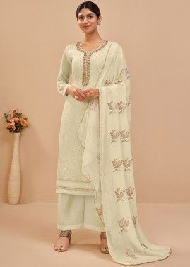 Off White Embroidered Palazzo Suit & Dupatta In Georgette