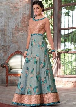 Readymade Turquoise Floral Digital Print Silk Gown
