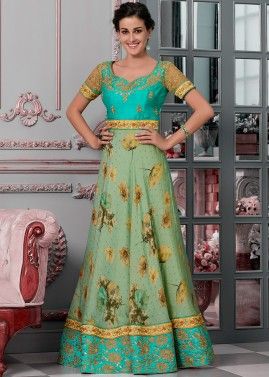Sea Green Floral Digital Print Readymade Gown