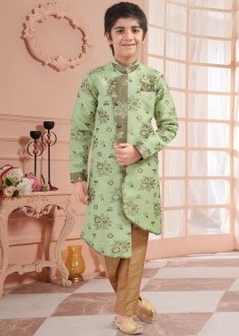 Green Woven Asymmetric Kids Sherwani With Pajama