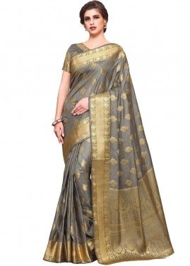 Grey Kanjivaram Silk Saree With Blouse