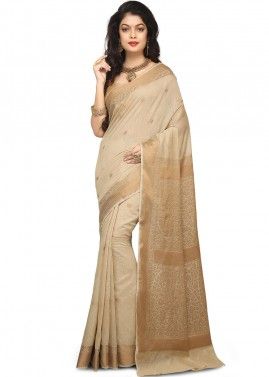 Beige Pure Banarasi Silk Woven Saree