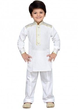 White Cotton Readymade Kids Pathani Suit
