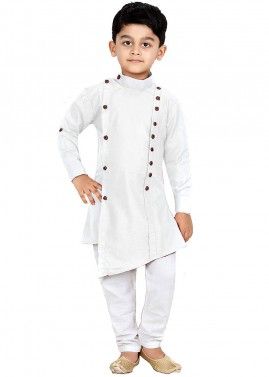 White Dupion Silk Asymmetric Kids Kurta Pajama Set