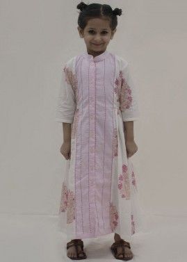 Pink and White Block Printed Paneled Kids Dress