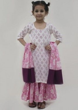 Readymade White Block Printed Kids Sharara Suit