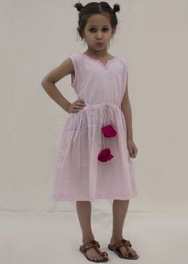 Pink Readymade Cotton Tasseled Kids Dress