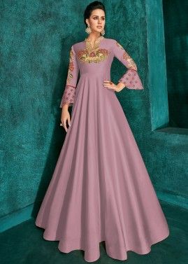 Purple Readymade Bell Sleeved Embroidered Gown