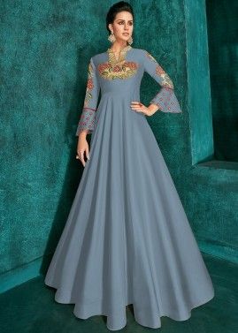 Blue Readymade Embroidered Bell Sleeved Gown