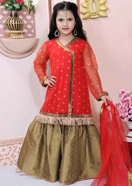 Red Sequins Embellished Readymade Kids Sharara Suit