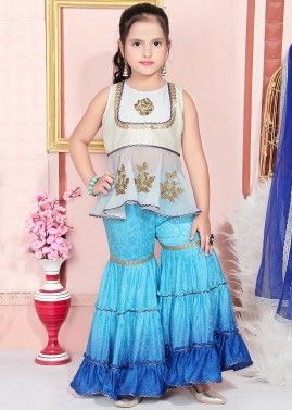 White Embroidered Peplum Style Readymade Kids Gharara Suit
