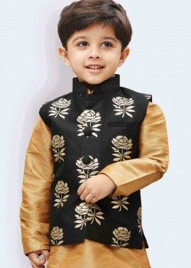 Readymade Black Floral Woven Kids Nehru Jacket