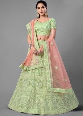 Embroidered Green Party Lehenga Choli In Net