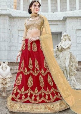 Traditional Red Embroidered Lehenga Choli In Net