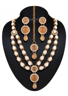 Stone Studded Golden and Orange Layered Necklace Set