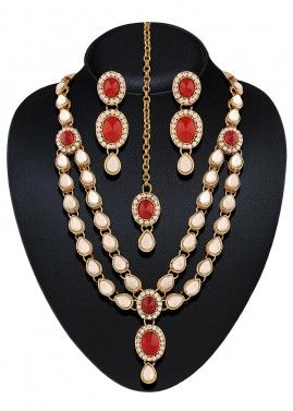 Stone Studded Golden and Red Layered Necklace Set