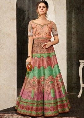 Green and Pink Digital Print Art Silk Gown